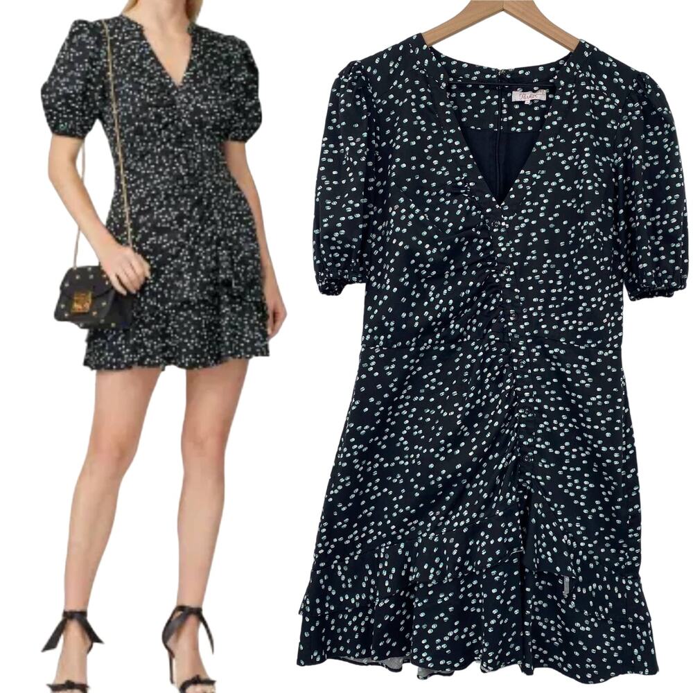 Parker Minna Dress Asymmetrical Button Front Cotton Dotted Print Black Womens 10